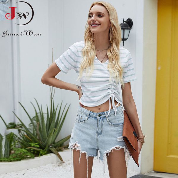 

fashion women summer t-shirt casual striped t shirt drawstring v-neck short sleeve elegant basic ladies 210510, White