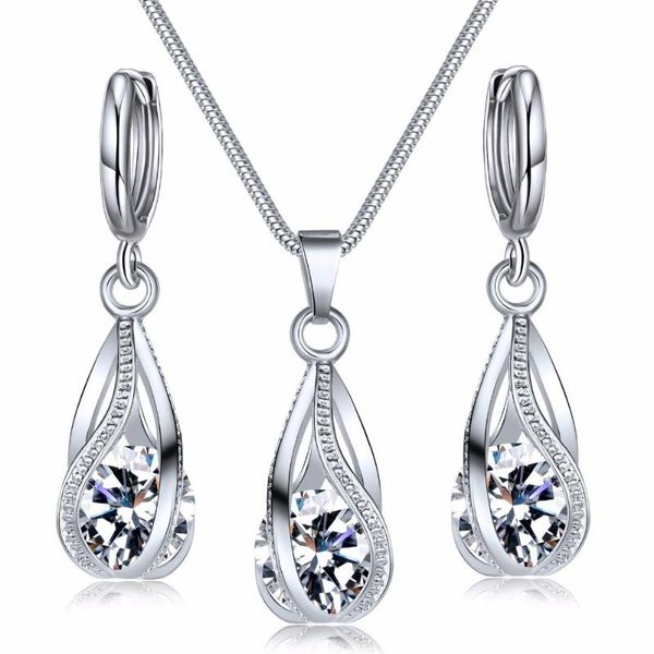 

earrings & necklace 2021 style fashion 2pc set crystal jewelry women zircon charm lady wedding anniversary gifts, Silver