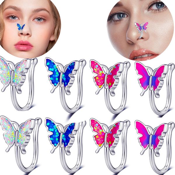 

dripping butterfly nose clip fake nose ring piercing jewelry studs, Silver