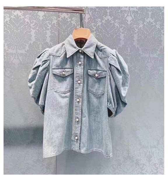 

women's blouses & shirts 2021 women denim blouse ladies cotton single breasted pearl buttons short puff sleeve turn down collar shirt, White