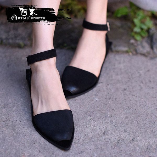 

artmu original retro genuine leather flat women sandals female pointed toe summer handmade elegant sandals 1516 l6ps#, Black