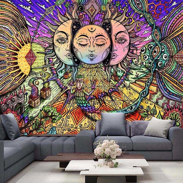Psychedelische Sonne Wandteppich Kunst Mandala Wandbehang Makramee Hippie Wandteppiche für Wohnzimmer Zuhause Wohnheim Dekor 210609