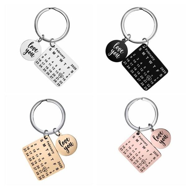 

keychains stainless steel heart square shape 2021 calendar keychain engrave date wedding anniversary birthday gift, Silver