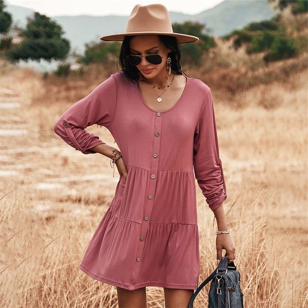 

spring new solid color knitted women 2021 casual o neck full sleeve button for woman summer short dress, Black;gray