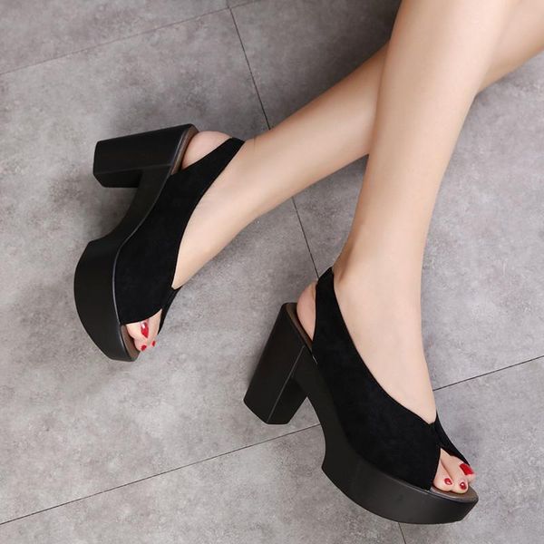 

dress shoes 2021 spring and summer leather thick-soled sandals female wedge heel fish mouth thick waterproof platform high heels, Black
