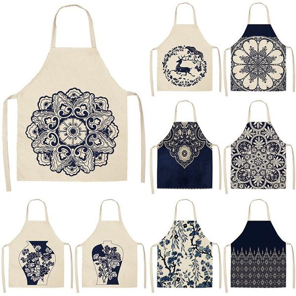 

aprons blue porcelain mandala kitchen for women cotton linen bibs household cleaning pinafore home cooking apron 53*65cm wql0113