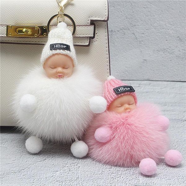 

keychains cute silicone sleeping doll key chain plush knit hat fur imitation ball ring mobile phone car pendant, Silver