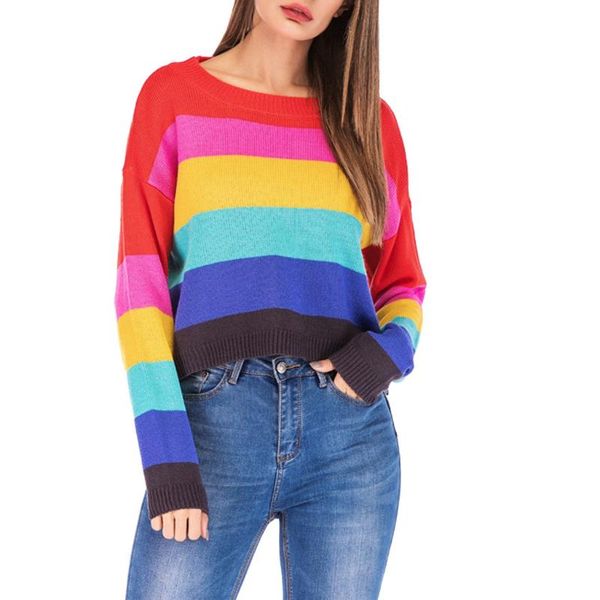 

women blouses cold shoulder womens long sleeve rainbow striped blouse knitted jumper pullover blusas women's & shirts, White