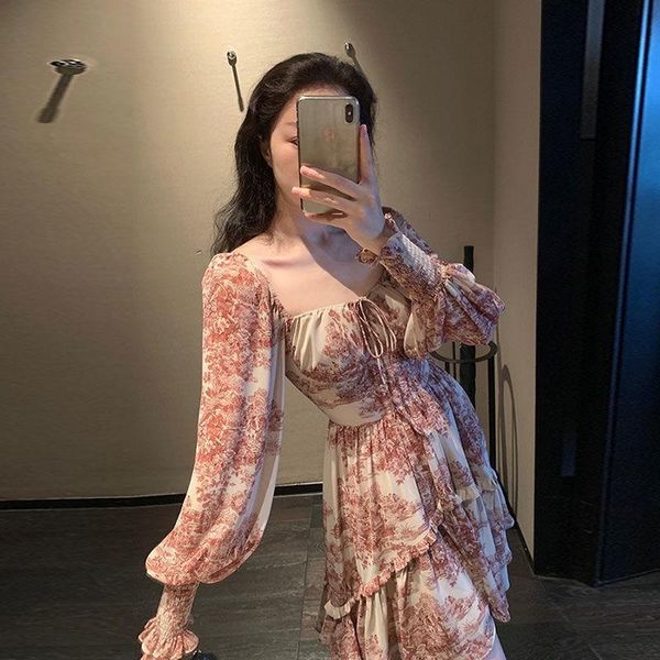 

casual dresses french floral sweet dress women print elegant puff sleeve chiffon party outdoor female summer 2sbf, Black;gray