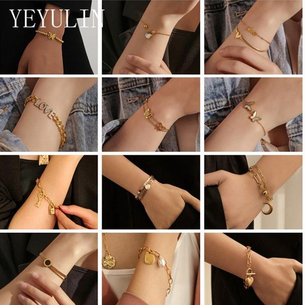 

link, chain 1pcs stainless steel butterfly charms bracelet for women heart letter gold charm fashion jewelry gift, Black