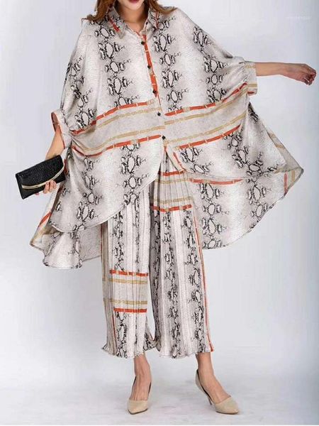 

women's pants & capris 2021 autumn suit satin texture individual print loose bat sleeve spleated all over wide leg, Black;white