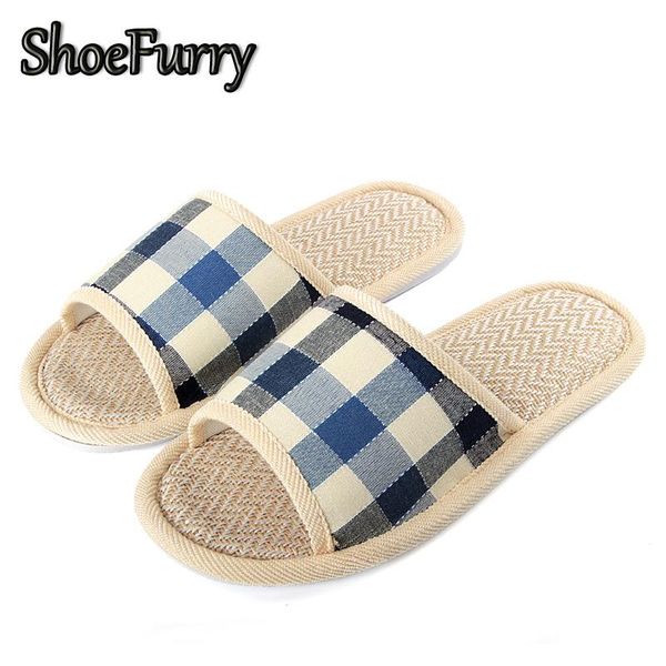 

slippers shoefurry fashion woman flax sandals 2021 home indoor flat shoes plaid female bedroom summer linen, Black
