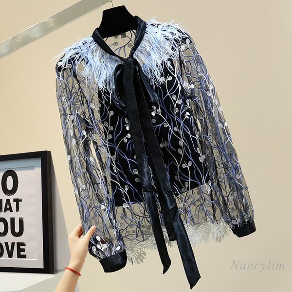 

women's blouses & shirts feather lace shirt women 2021 spring korean style loose embroidered blouse female blusas nancylim two pie, White