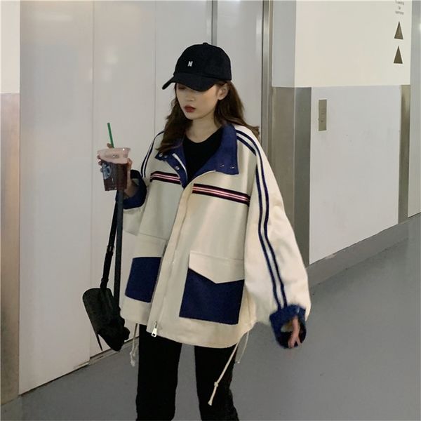 

women's spring autumn jacket retro hong kong style hit color pocket striped coat loose wild long-sleeved tooling coats gx789 210507, White