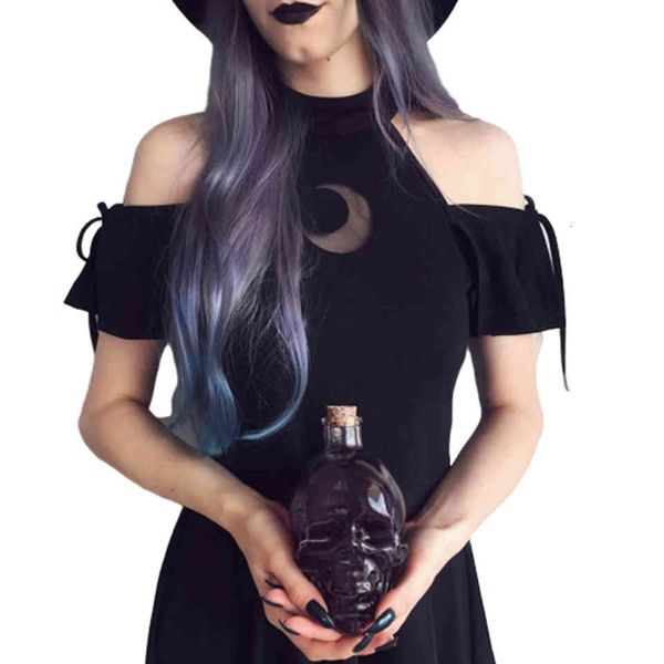 

dressed in cold shoulder growing hollow moon out sukienka goth dark punk rock style clothes the female line dress empire bandage, Black;gray