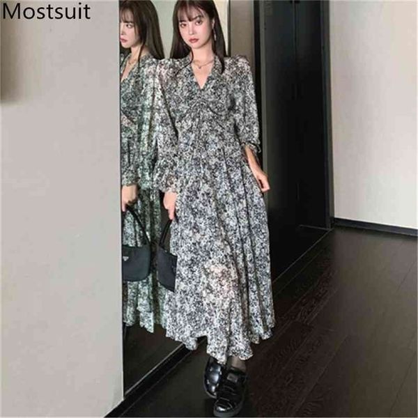 

splash-ink printed chiffon women long dress full sleeve v-neck a-line midi dresses vintage elegant korean fashion vestidos 210513, Black;gray