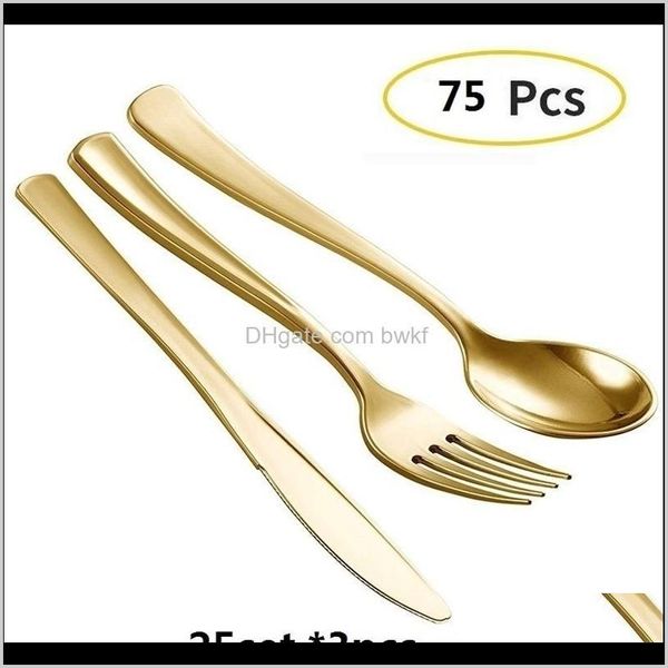 Sets Küche Esszimmer Bar Hausgarten Drop Lieferung 2021 75 Stück Einweg Gold Besteck Kunststoff Hochzeit Party Geschirr Bronze Goldenes Abendessen