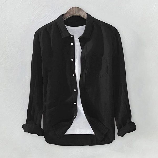 

men's casual shirts 2021 men's linen loose blouse long-sleeved solid color shirt collarless standing collar summer top, White;black