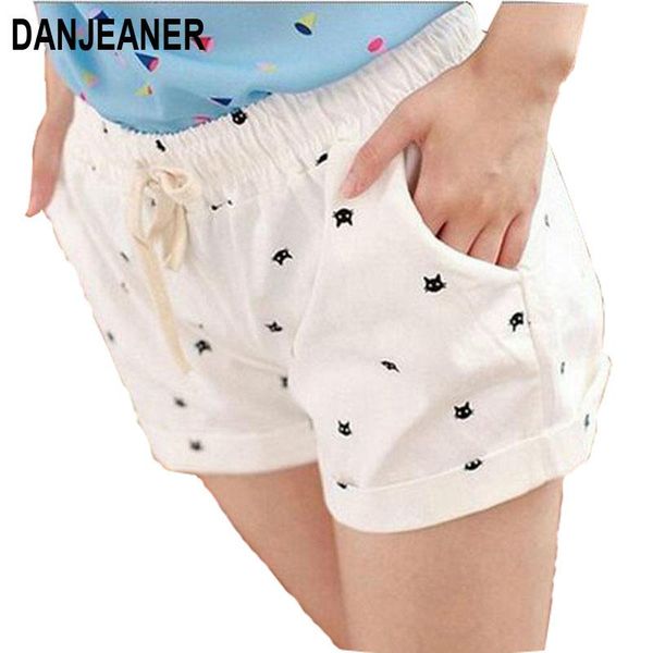 

women's shorts danjeaner 2021 summer with cats pattern high waist elastic cotton short fresh floral women, White;black