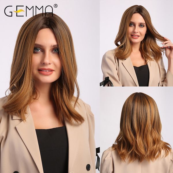 

medium wavy synthetic wigs for women natural middle part ombre black brown cosplay daily wig with highlight heat resistant