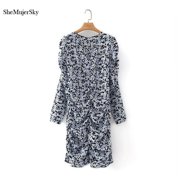 

casual dresses shemujersky women blue floral print dress v-neck ruched slim 2021 spring autumn, Black;gray