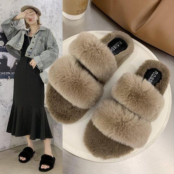 

autumn and winters flat hair slippers outside leisure warm women's, Black