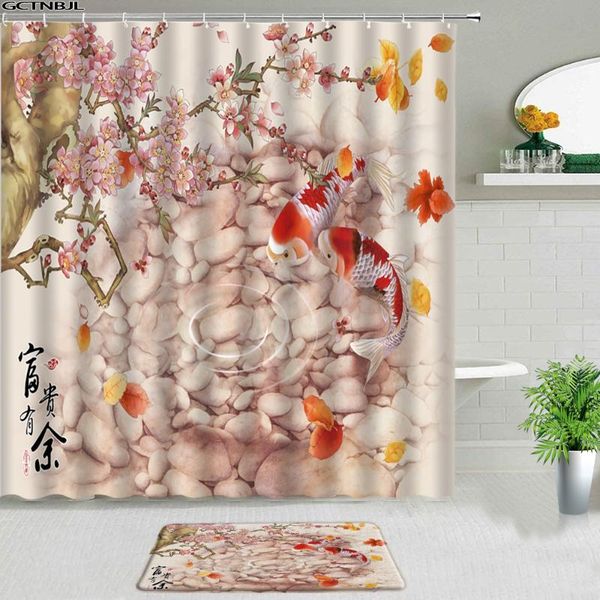 

shower curtains koi fish cherry set bath mat rugs chinese style flower scenery luxury polyester cloth for bathroom decor carpet