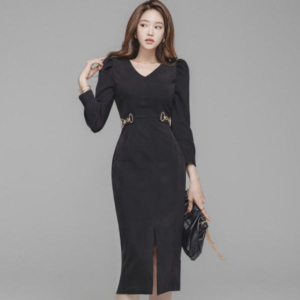 

casual dresses 2021 autumn winter v-neck black midi vestidos split pencil bodycon high waist office women's dress, Black;gray