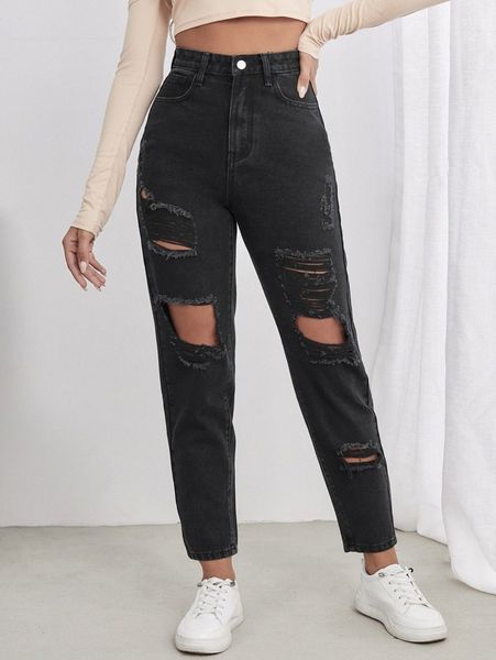 

high waisted ripped mom fit jeans b7g1#, Blue