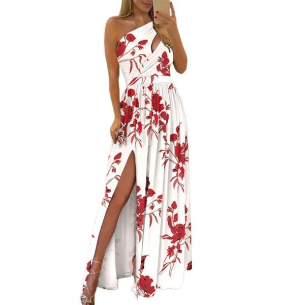 

casual dresses ankle length dress floral print hollow out women skew neck one shoulder soft high slit breathable formal for wedding, Black;gray