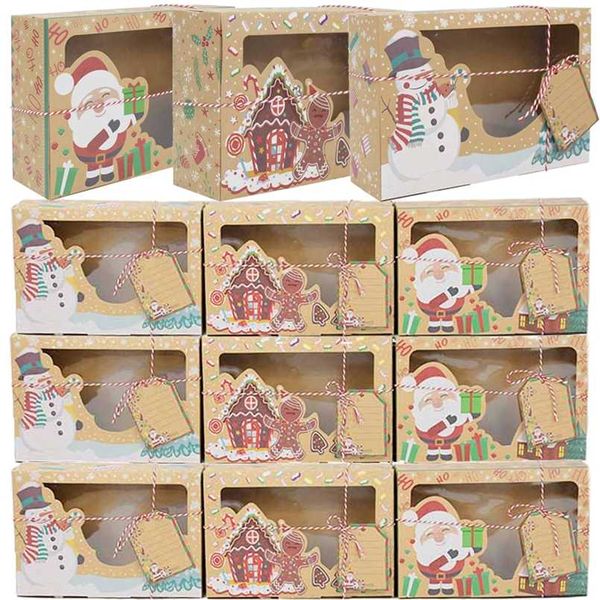 Scatole regalo di carta da 22/18 cm Regalo di Natale Snack per muffin Scatola di imballaggio Carta Pupazzo di neve di Natale Scatola di Babbo Natale con biglietto di auguri 211108