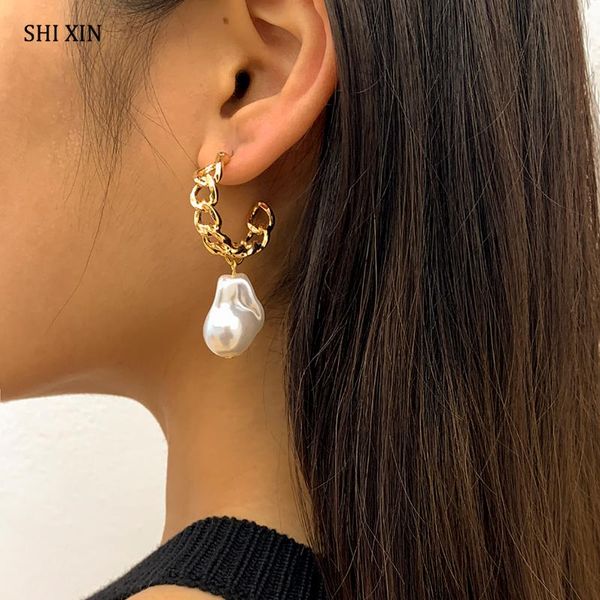 

hoop & huggie shixin vintage baroque pearl pendant earrings for women fashion thick round unusual jewelry 2021 trend, Golden;silver