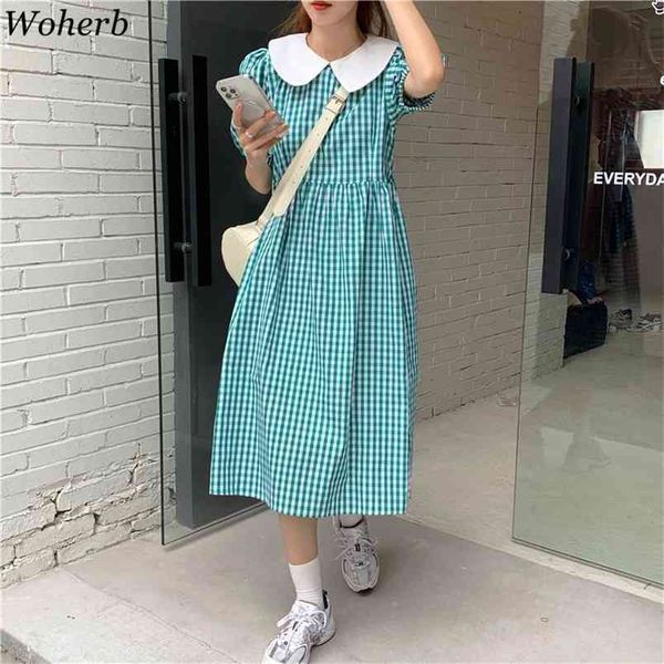 

japanese plaid long dress women harajuku sweet short puff sleeve summer korean all match vestidos de mujer 210519, Black;gray