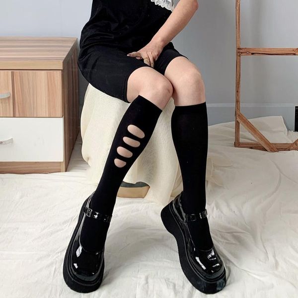 

socks & hosiery fashion black hole stockings women asymmetry high knee female velvet long leg summer dress calcetine medias, Black;white