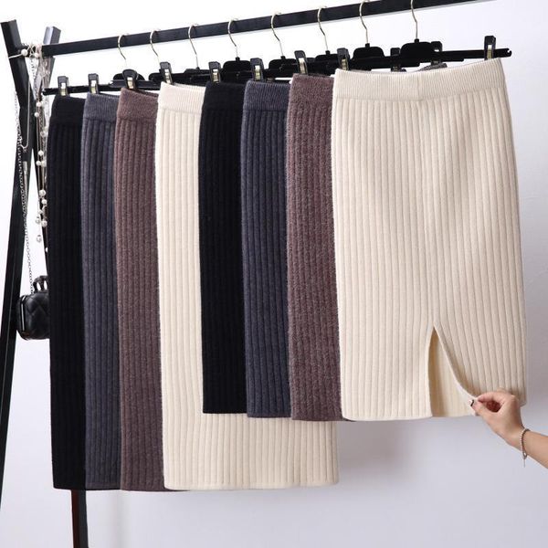 

back slit bodycon elegant midi womens skirt pencil autumn casual knitted high waist skirts jupe femme faldas, Black