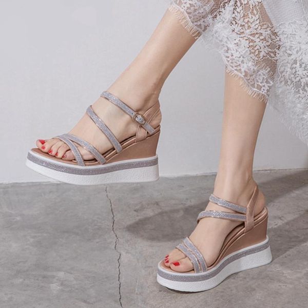 

sandals gigifox stylish arrival large size platform fashion party date rhinestone women high wedges summer shoes woman, Black