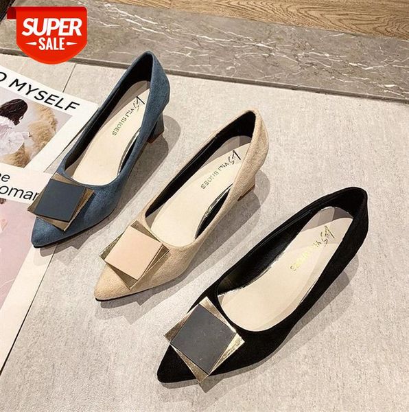 

women's high-heel fashion single shoes with metal square buckle decoration pointed thick heel solid color work korean version #lj2k, Black