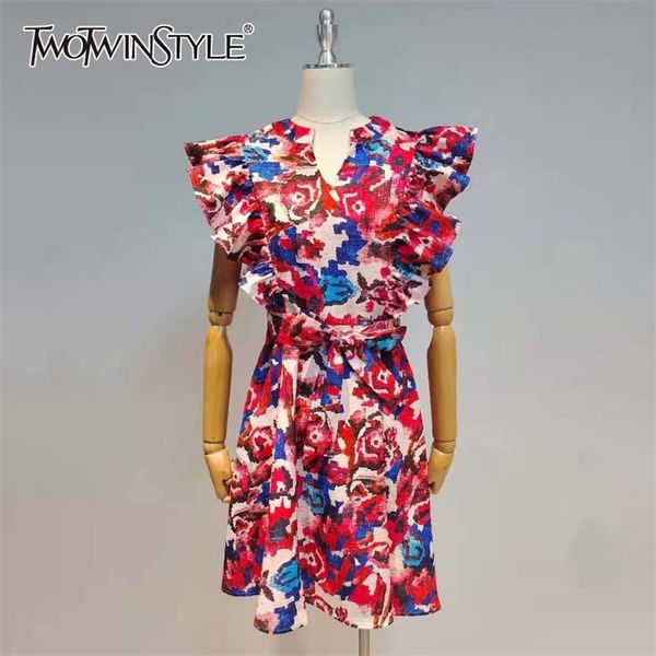 

patchwork ruffle midi dress for women v neck short sleeve high waist lace up bowknot print dresses female fashion 210520, Black;gray