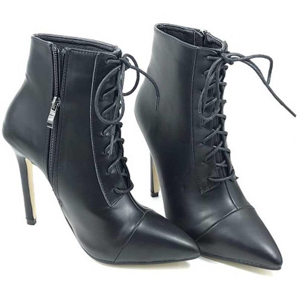 

boots ankle for women fashion high heel black pointed toe lace up shoes woman autumn large size
