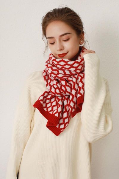 

scarves 2021 autumn and winter knitted scarf women's diamond lattice warm thickened three colors are available, Blue;gray