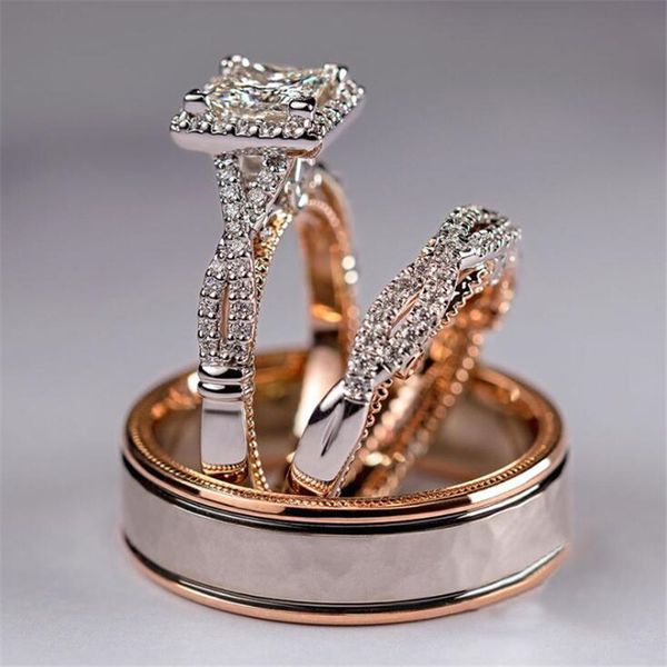 

sparkling couple rings luxury jewelry 925 sterling silver&rose gold fill princess cut white z cz diamond women wedding band ring gift, Slivery;golden