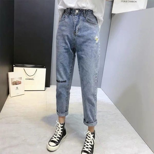 

women's jeans spot embroidery little daisy cropped harem straight loose high waist slimming daddy pants, Blue