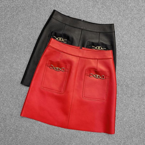 

autumn women's sheepskin real leather mini skirt chic women genuine pockets c564 skirts, Black