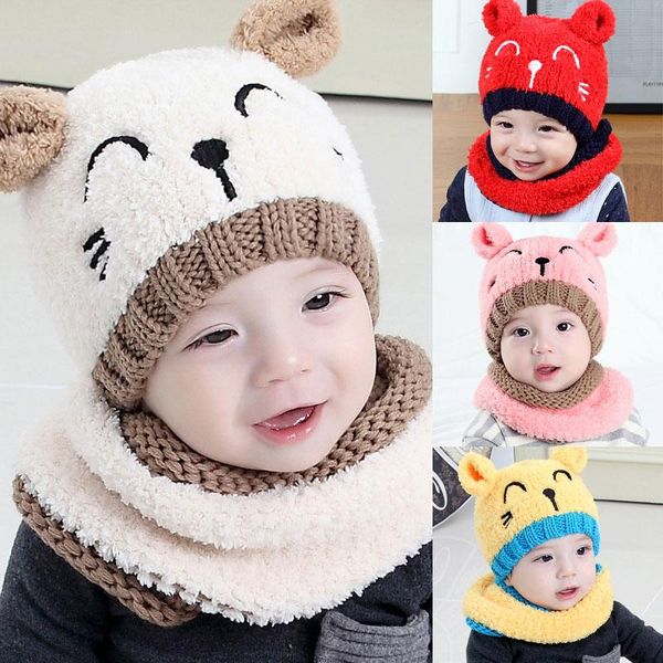 

caps & hats cartoon cute baby's har toddler born beanie warm hat hooded scarf earflap cat knitted cap kids autumn winter 1-3y, Yellow