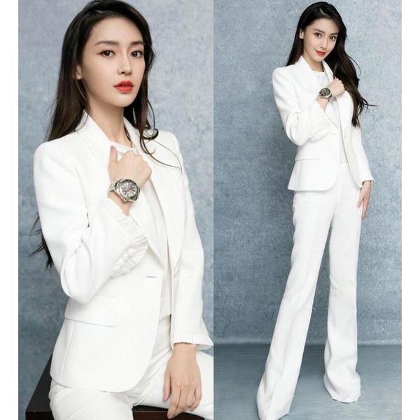 

spring autumn women white 2 pieces pants sets ruched ruffles sleeve blazer + long office lady work suits set y232 women's two piece