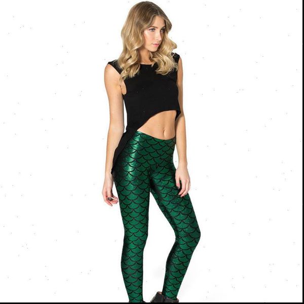 

womens leggings fashion women mermaid fish scale plus size high waist fitness workout legging pants casual leggins pant, Black