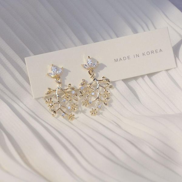 

stud design 14k gold plated leaves earrings for women luxury jewelry zircon, Golden;silver