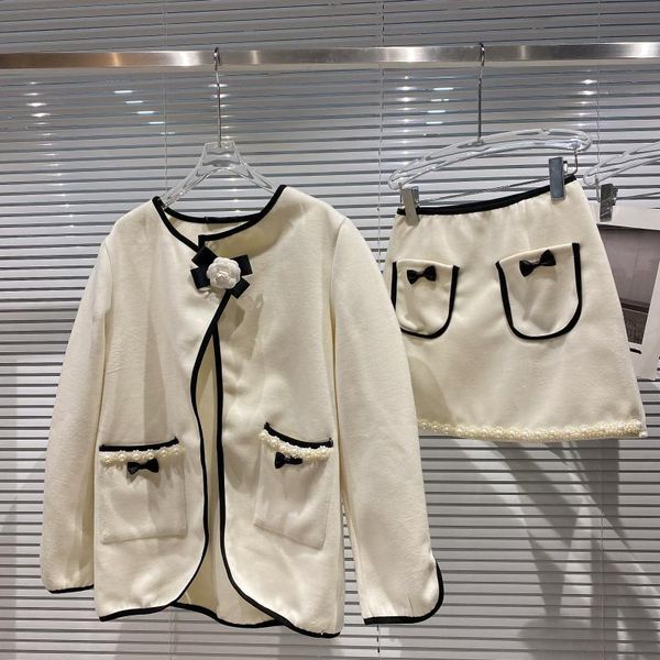 

women's tracksuits flower bow tie fine velvet coat + pearl edge skirt two piece set women 2021 autumn small fragrant outfit, Gray