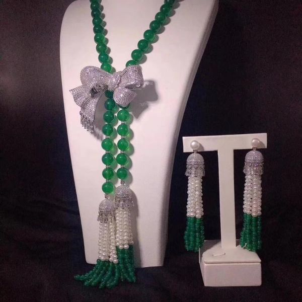 

wholesale freshwater pearl/green jade 8-9mm white near round &bowknot tassel neklace 45inch bracelet, earrings & necklace, Black