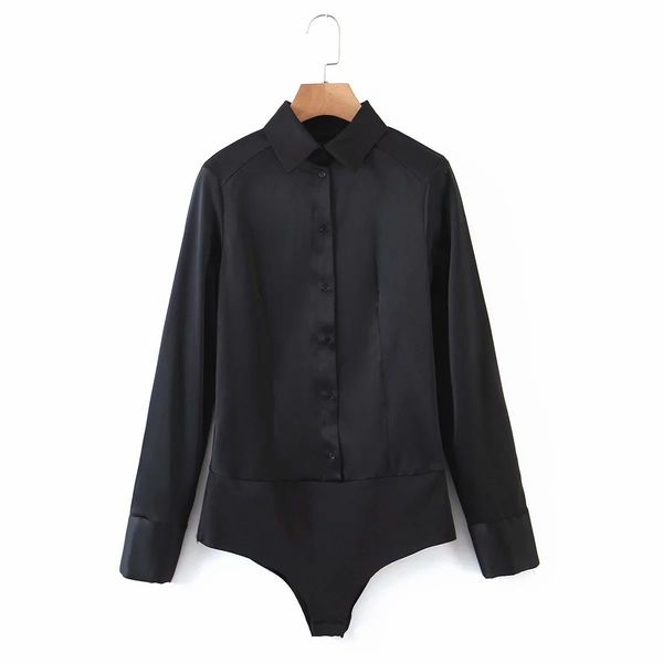 

women bodysuit with shoulder pads long sleeves satin fashion chic lady shirt-style bodysuit vestidos femme robe 210420, White
